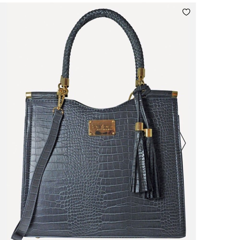 Bebe Natalie Satchel Shopper Handbag w/ Detachable Strap Faux Leather Gray NWOT